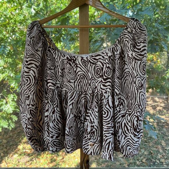Moon River Brown And White Printed Puff Sleeve Crop Top Size S - Picture 1 of 8
